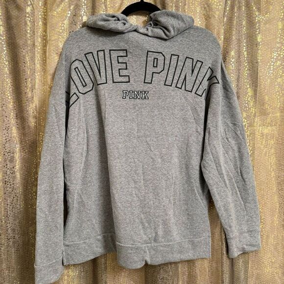 PINK Victorias Secret Soft Stertchy Gray Love Pink Lace Up Hooded Sweater Medium - Picture 1 of 8